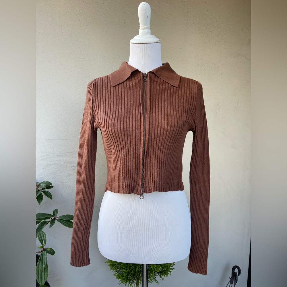 NA-KD Chocolate Brown Ribbed Zipper Polo Sweater, Size M